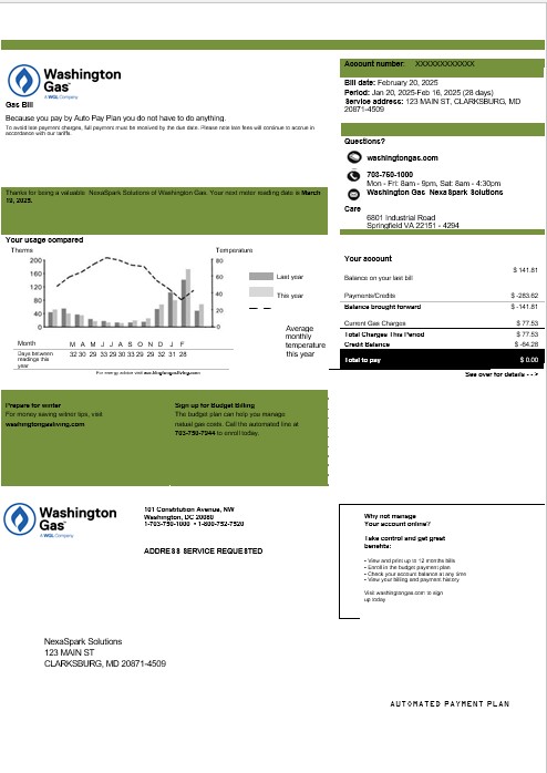 USA Washington Gas (WGL) business utility bill template in Word and PDF formats